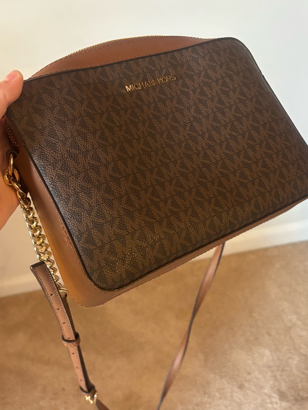 Michael Kors Brown Logo Dome Crossbody with Gold Hardware